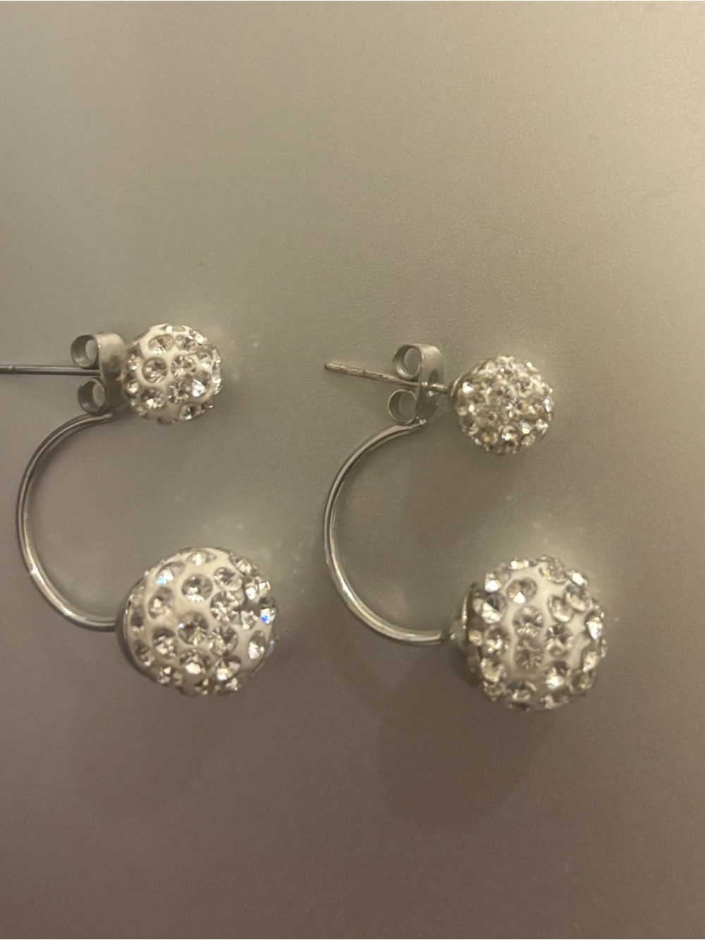 Silver Crystal Double Ball Hoop Earrings - White/Silver